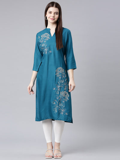 Neerus Green Straight Casual Floral Straight Kurtas