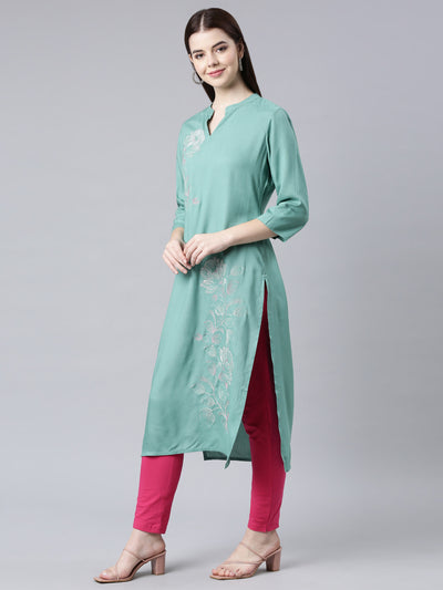 Neerus Sea Green Straight Casual Floral Straight Kurtas