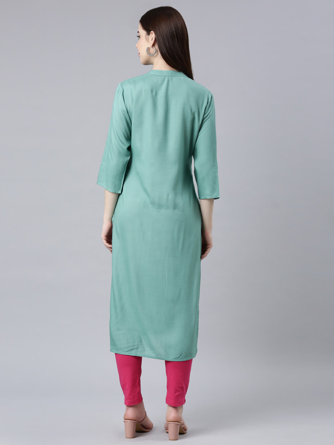 Neerus Sea Green Straight Casual Floral Straight Kurtas