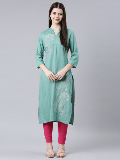 Neerus Sea Green Straight Casual Floral Straight Kurtas