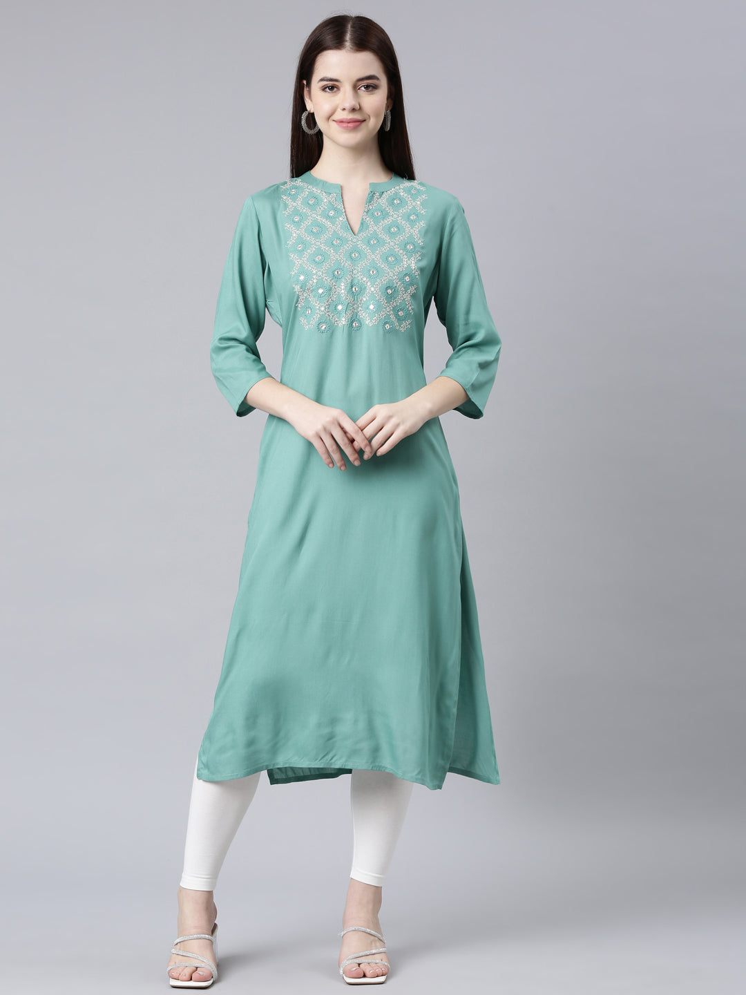 Neerus Green Straight Casual Floral Straight Kurtas