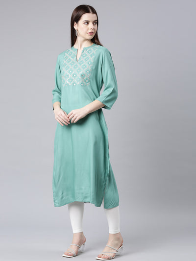 Neerus Green Straight Casual Floral Straight Kurtas