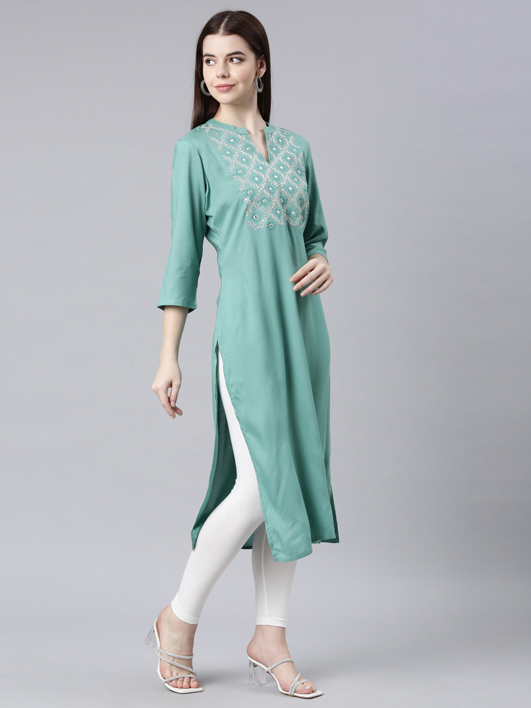 Neerus Green Straight Casual Floral Straight Kurtas