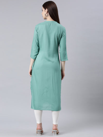 Neerus Green Straight Casual Floral Straight Kurtas