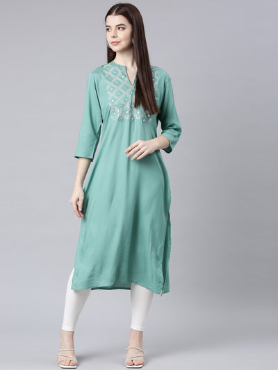 Neerus Green Straight Casual Floral Straight Kurtas