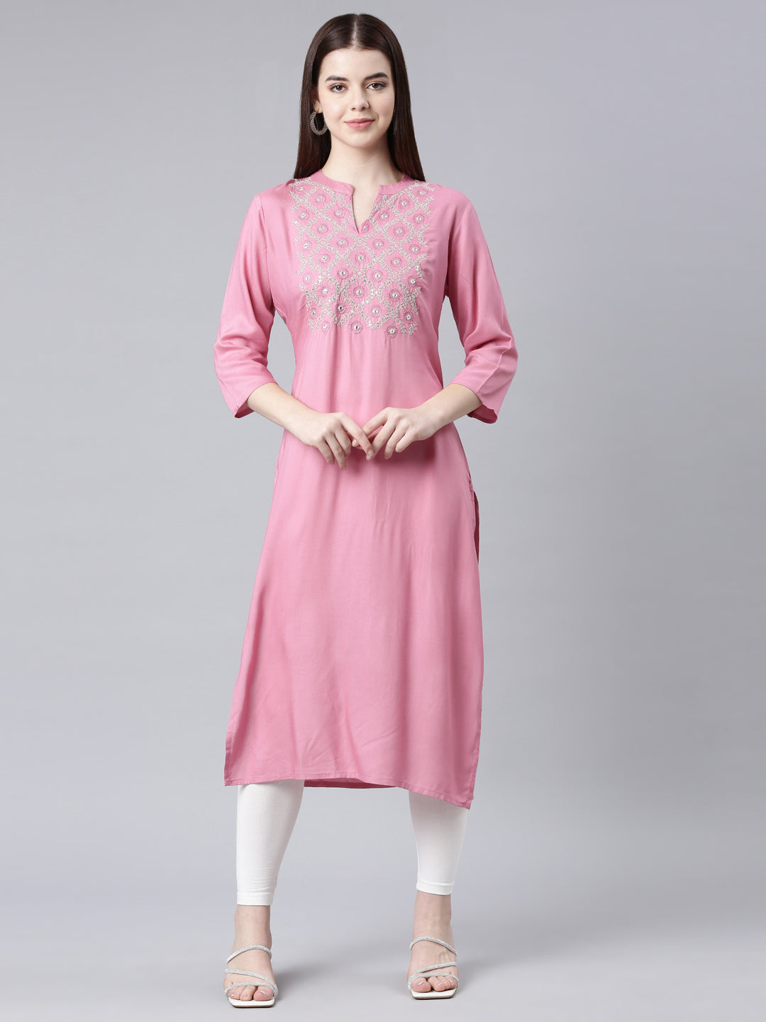 Neerus Pink Straight Casual Floral Straight Kurtas