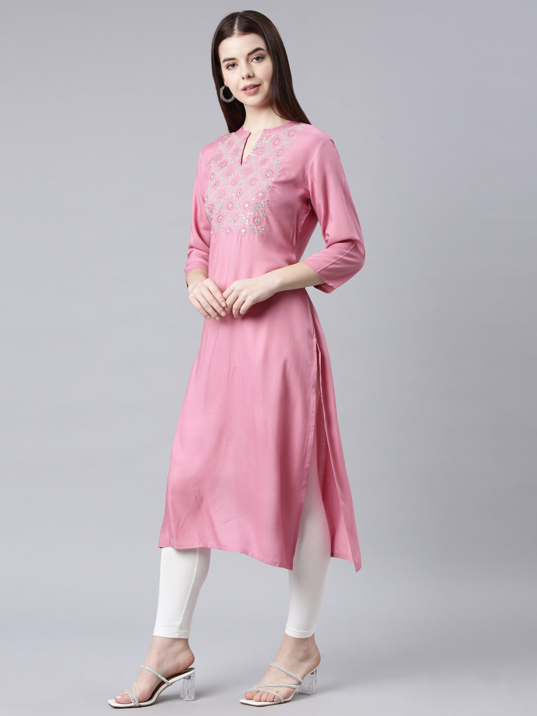 Neerus Pink Straight Casual Floral Straight Kurtas