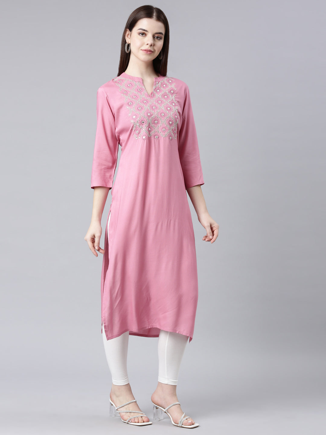 Neerus Pink Straight Casual Floral Straight Kurtas