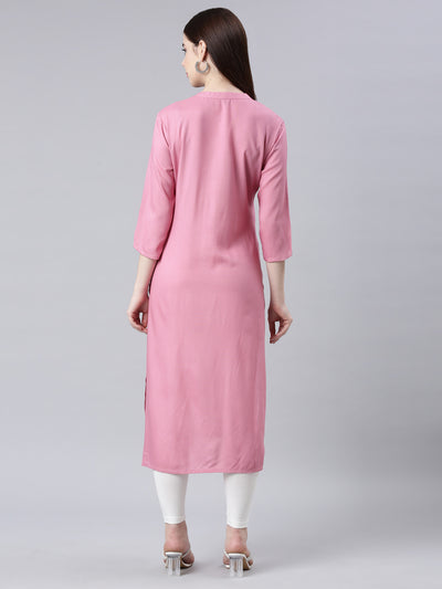 Neerus Pink Straight Casual Floral Straight Kurtas