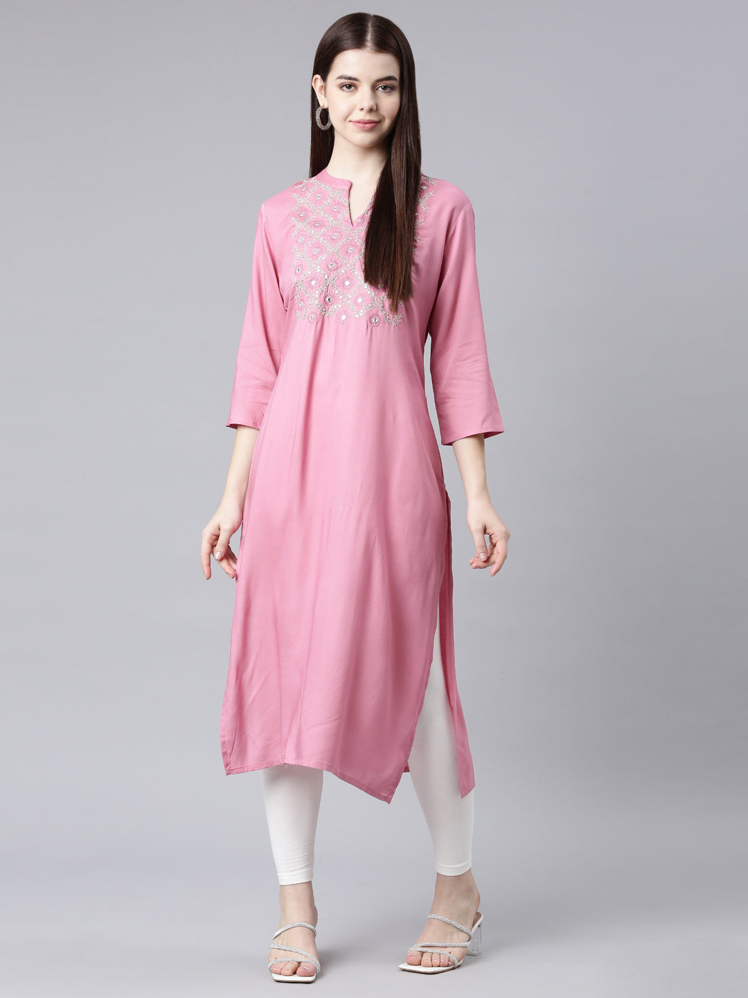 Neerus Pink Straight Casual Floral Straight Kurtas