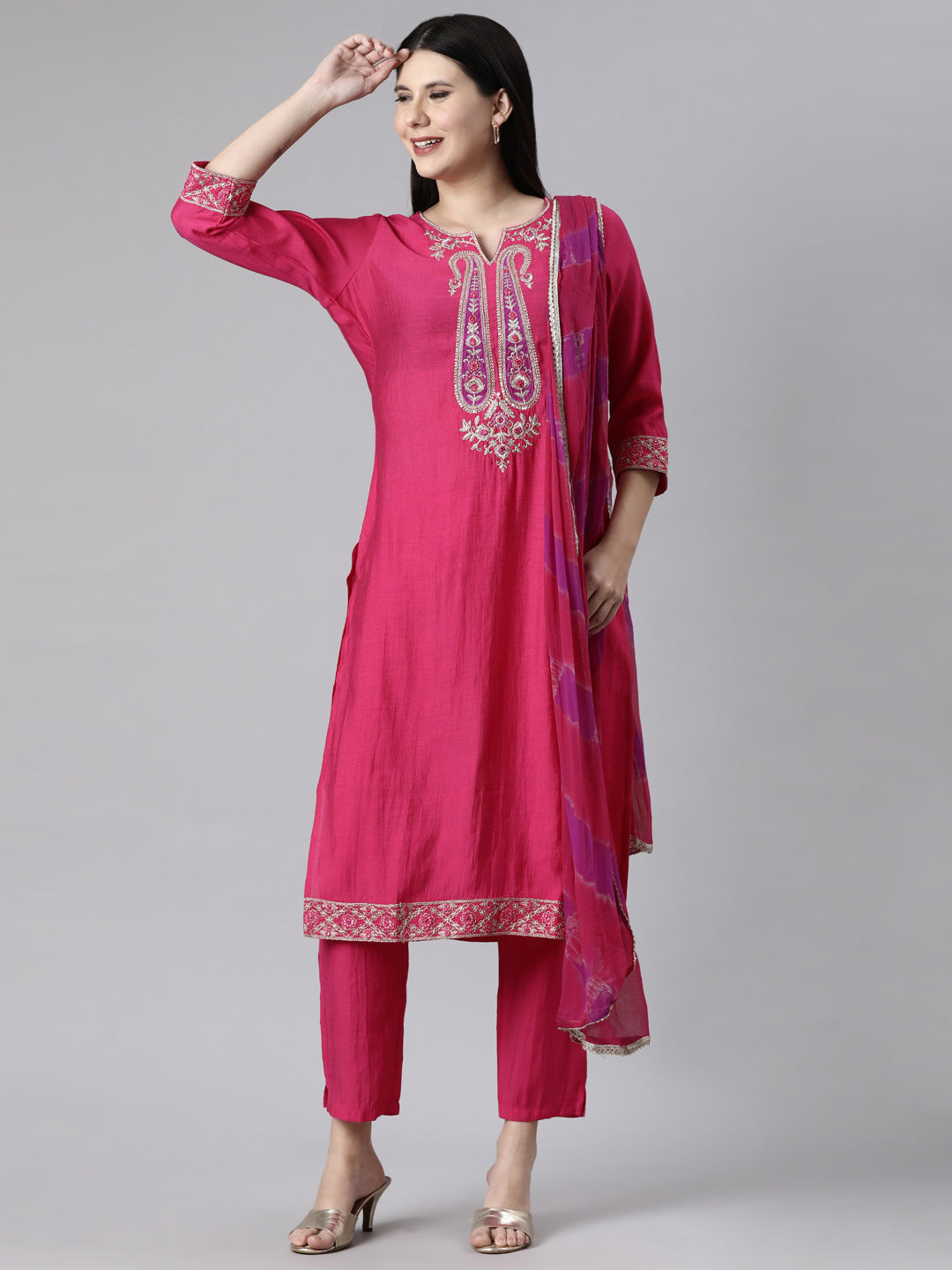 Neerus Pink Casual Solid Straight Kurta and Trousers With Dupatta