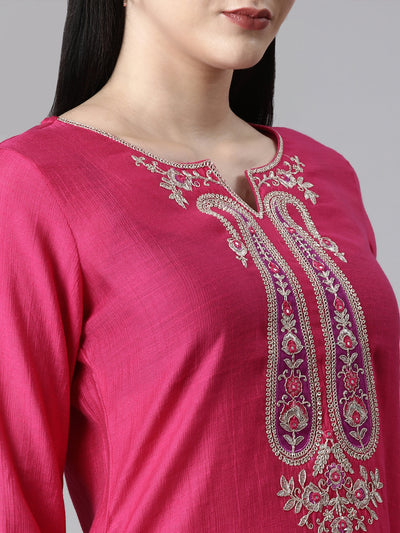 Neerus Pink Casual Solid Straight Kurta and Trousers With Dupatta