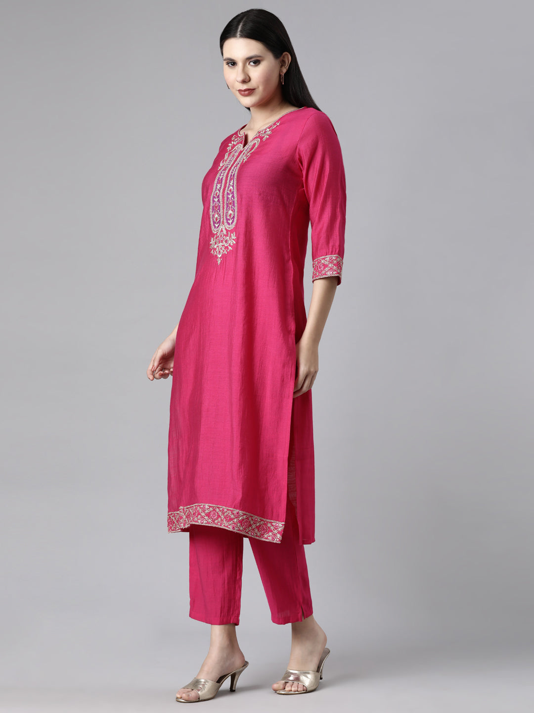 Neerus Pink Casual Solid Straight Kurta and Trousers With Dupatta