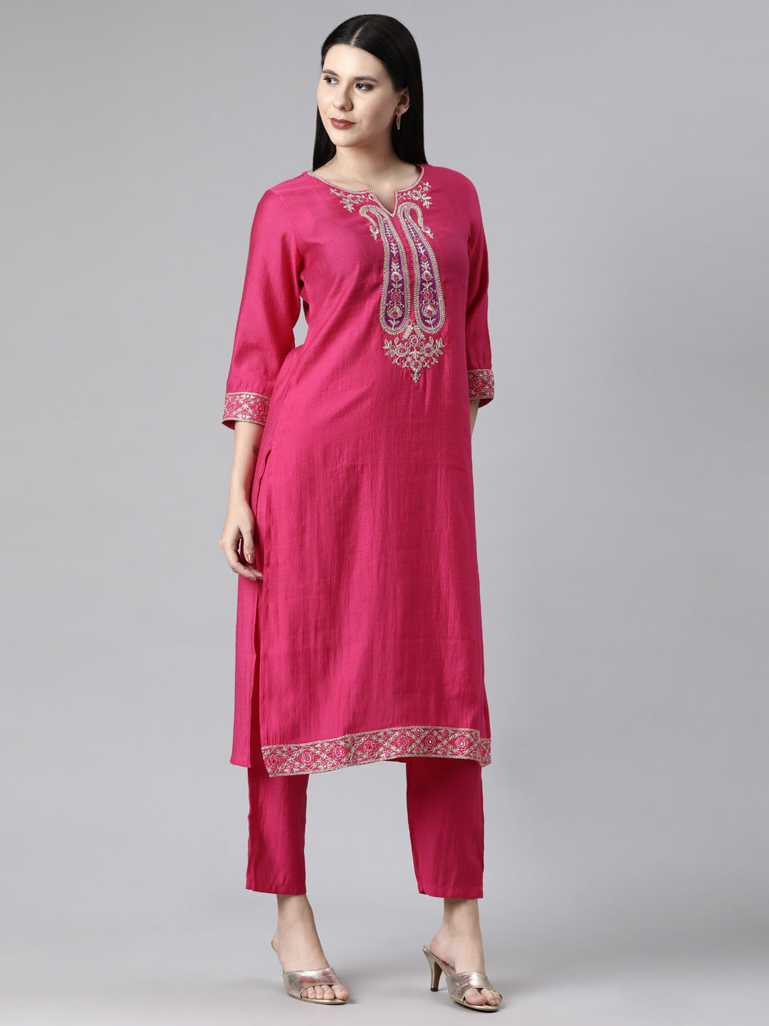 Neerus Pink Casual Solid Straight Kurta and Trousers With Dupatta