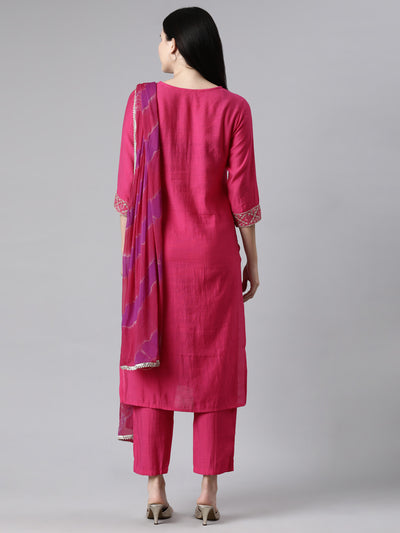 Neerus Pink Casual Solid Straight Kurta and Trousers With Dupatta