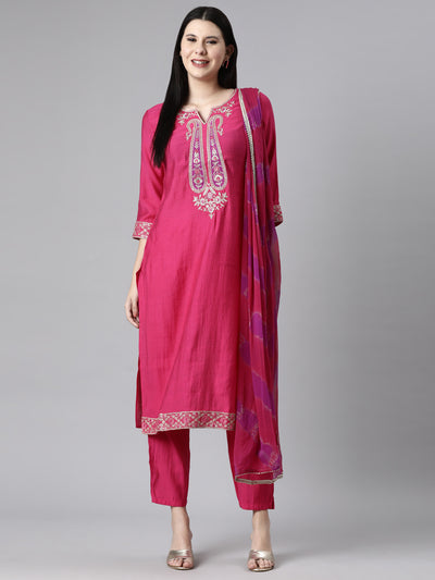 Neerus Pink Casual Solid Straight Kurta and Trousers With Dupatta