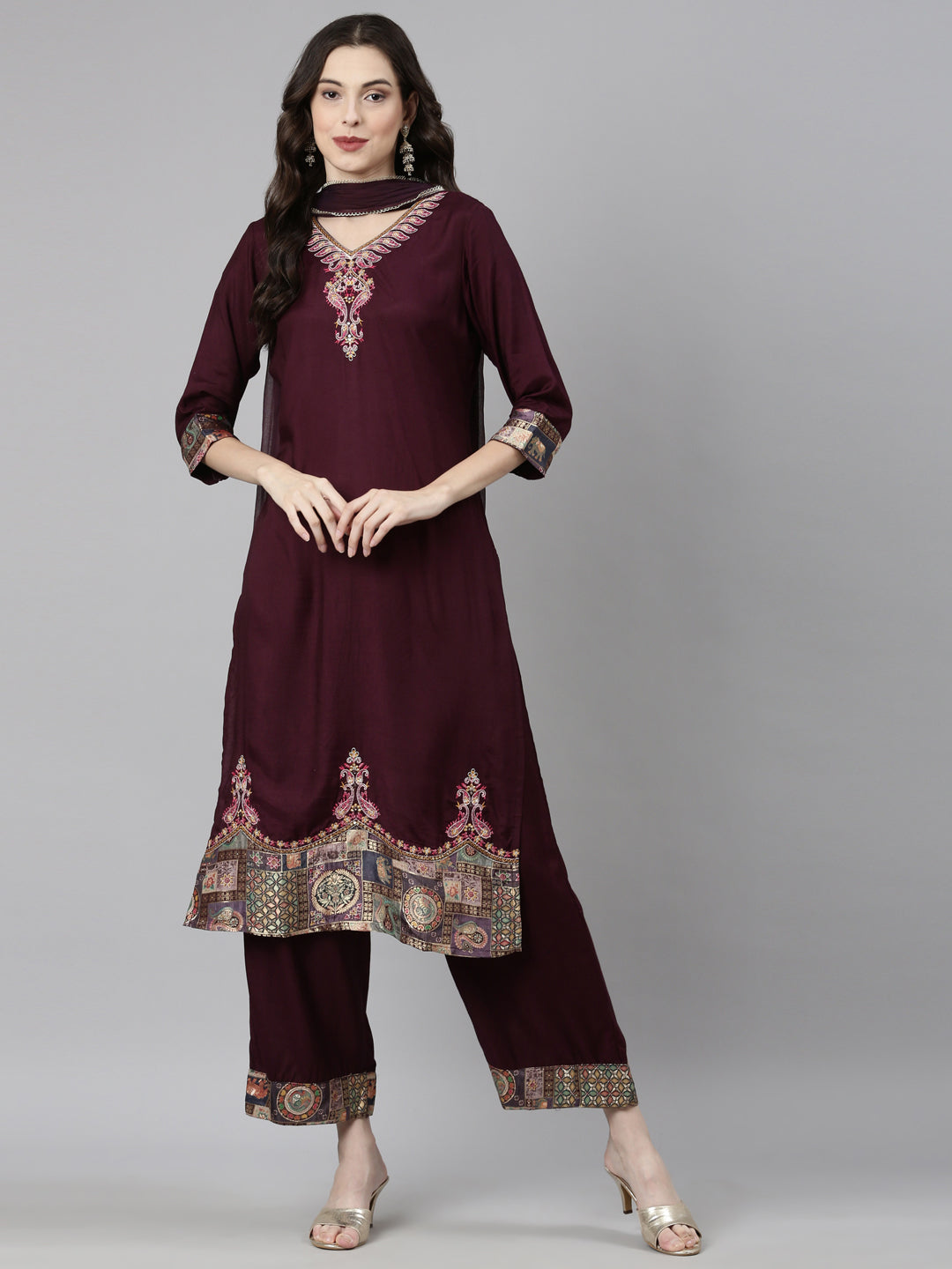 Neerus Purple Casual Solid Straight Kurta and Palazzos With Dupatta