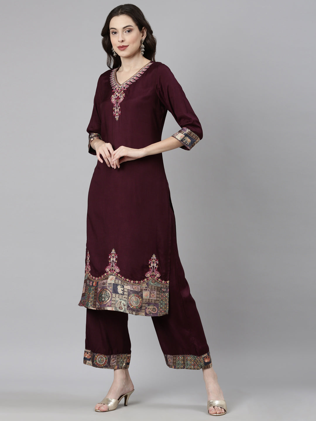 Neerus Purple Casual Solid Straight Kurta and Palazzos With Dupatta