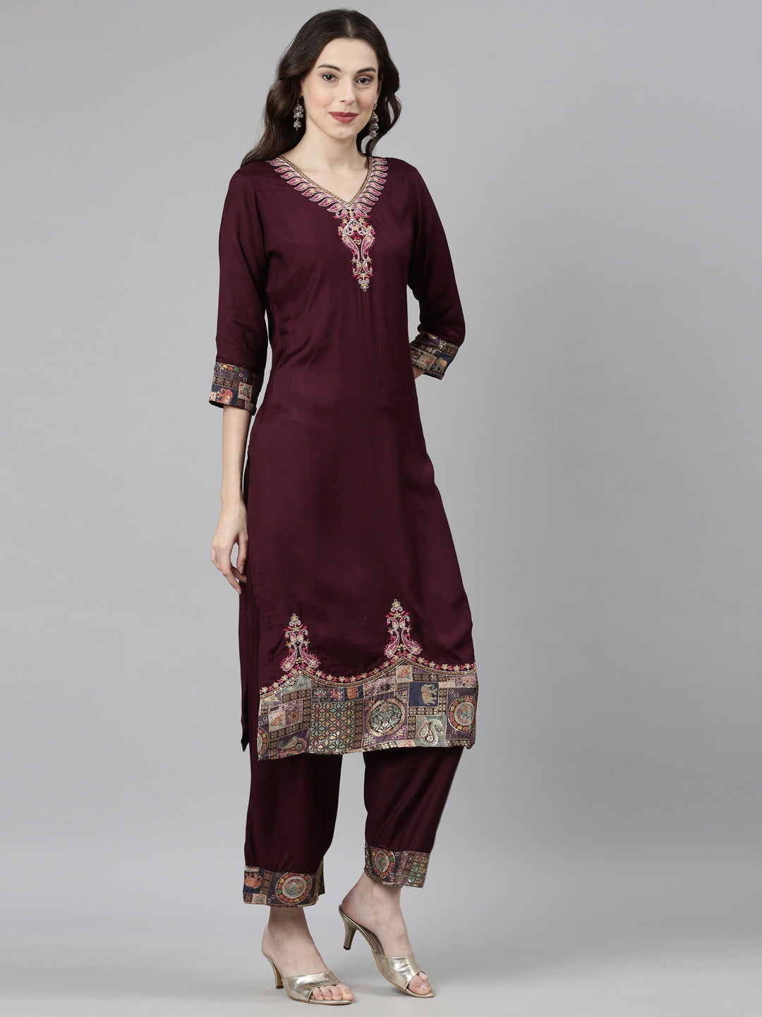 Neerus Purple Casual Solid Straight Kurta and Palazzos With Dupatta