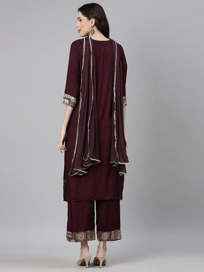 Neerus Purple Casual Solid Straight Kurta and Palazzos With Dupatta