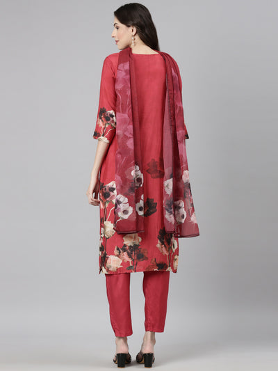 Neerus Red Casual Floral Straight Kurta and Trousers With Dupatta