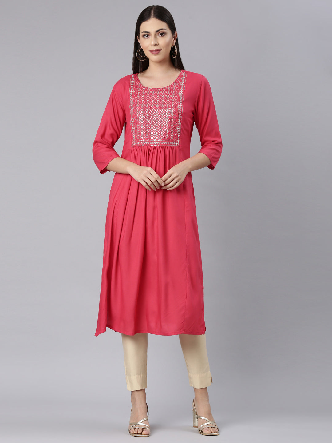 Neerus Red Straight Casual Solid Straight Kurtas