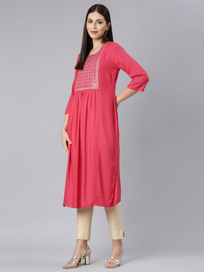 Neerus Red Straight Casual Solid Straight Kurtas