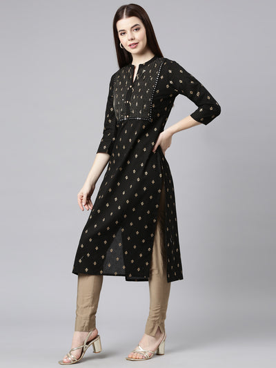 Neerus Black Straight Casual Embellished Straight Kurtas