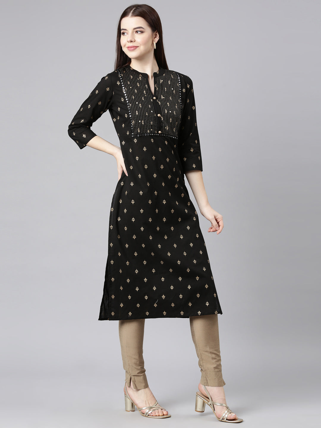 Neerus Black Straight Casual Embellished Straight Kurtas