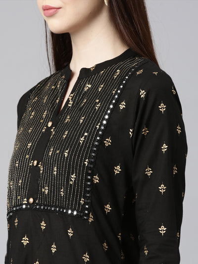 Neerus Black Straight Casual Embellished Straight Kurtas