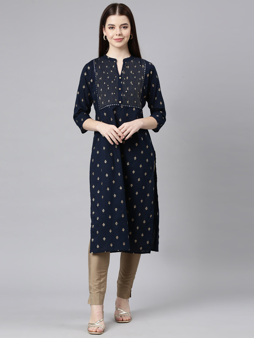 Neerus Blue Straight Casual Embellished Straight Kurtas