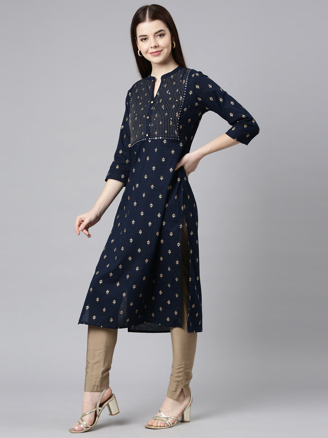 Neerus Blue Straight Casual Embellished Straight Kurtas