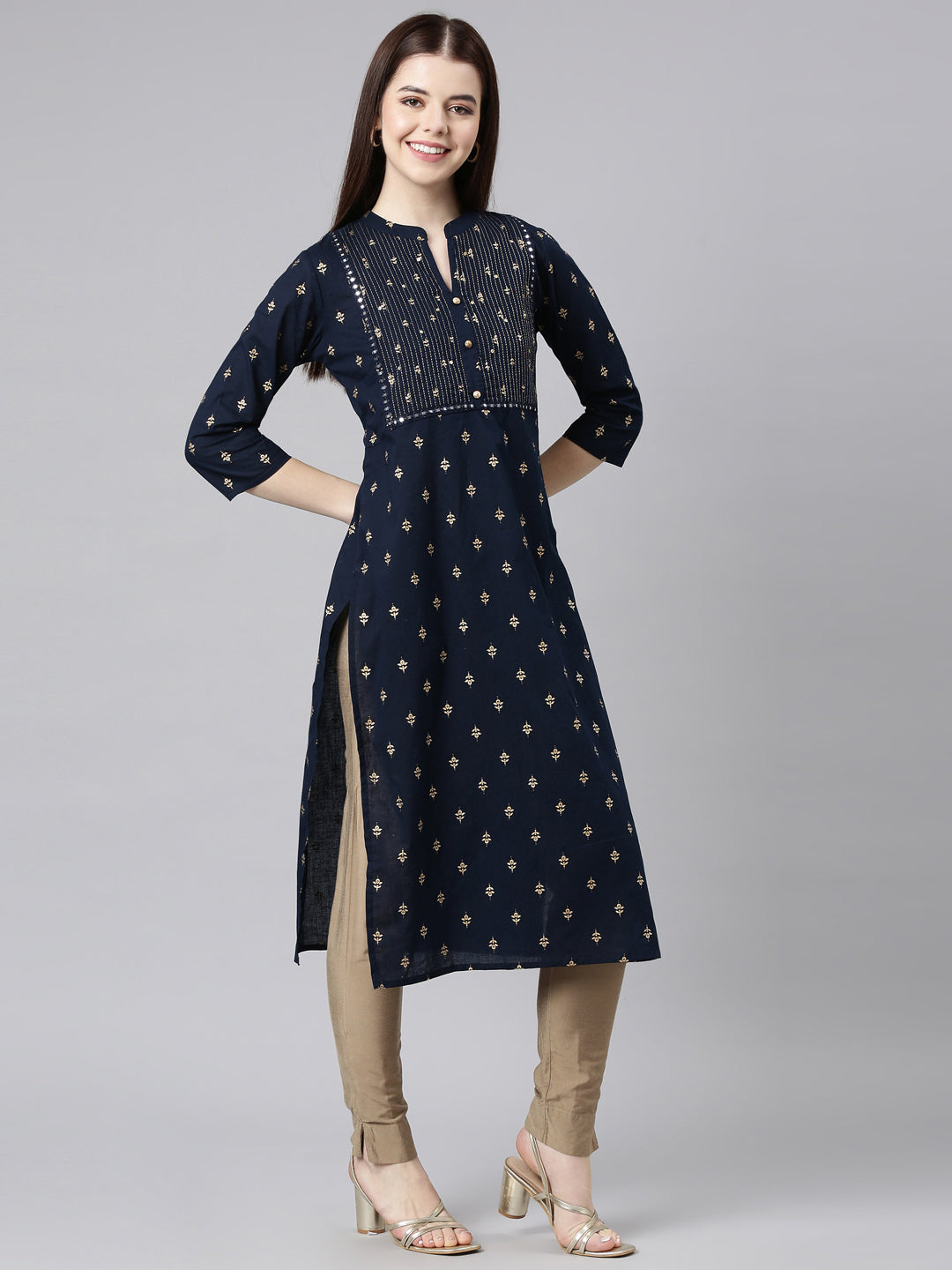 Neerus Blue Straight Casual Embellished Straight Kurtas