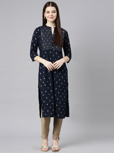 Neerus Blue Straight Casual Embellished Straight Kurtas