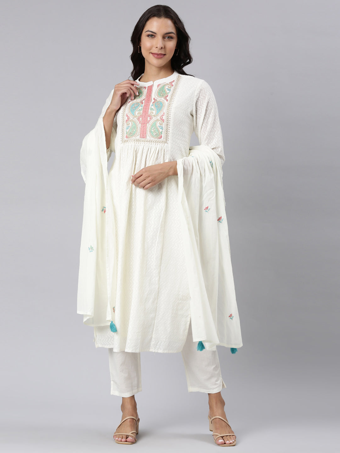 Neerus Off White Panelled Straight Yoke Design Kurta And Trousers With Dupatta