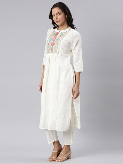 Neerus Off White Panelled Straight Yoke Design Kurta And Trousers With Dupatta