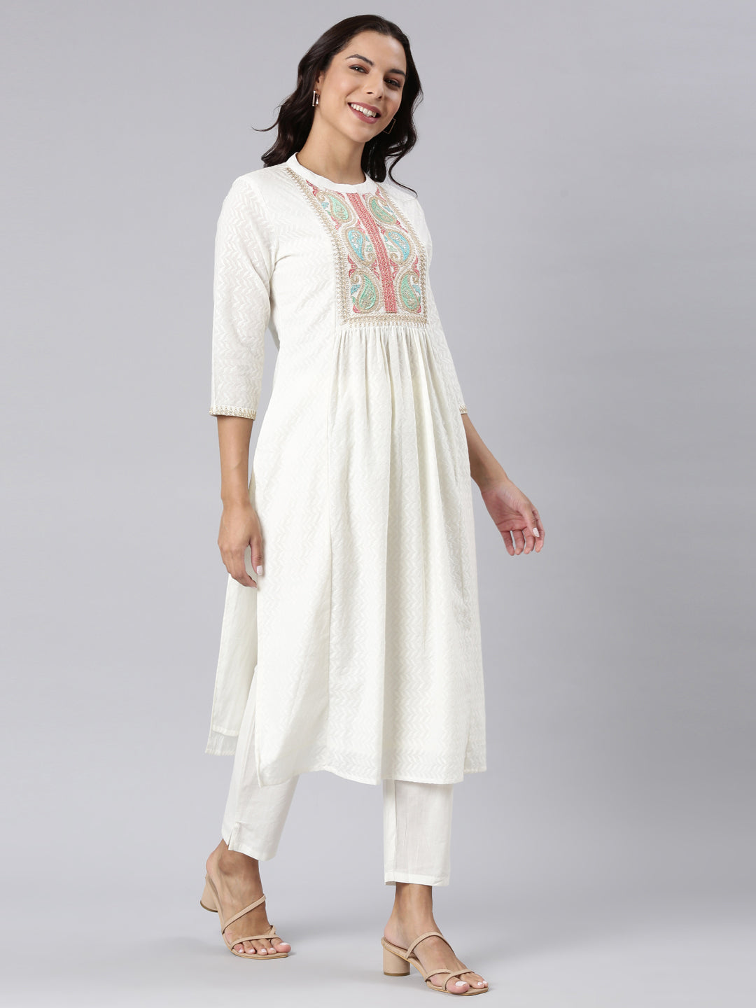 Neerus Off White Panelled Straight Yoke Design Kurta And Trousers With Dupatta