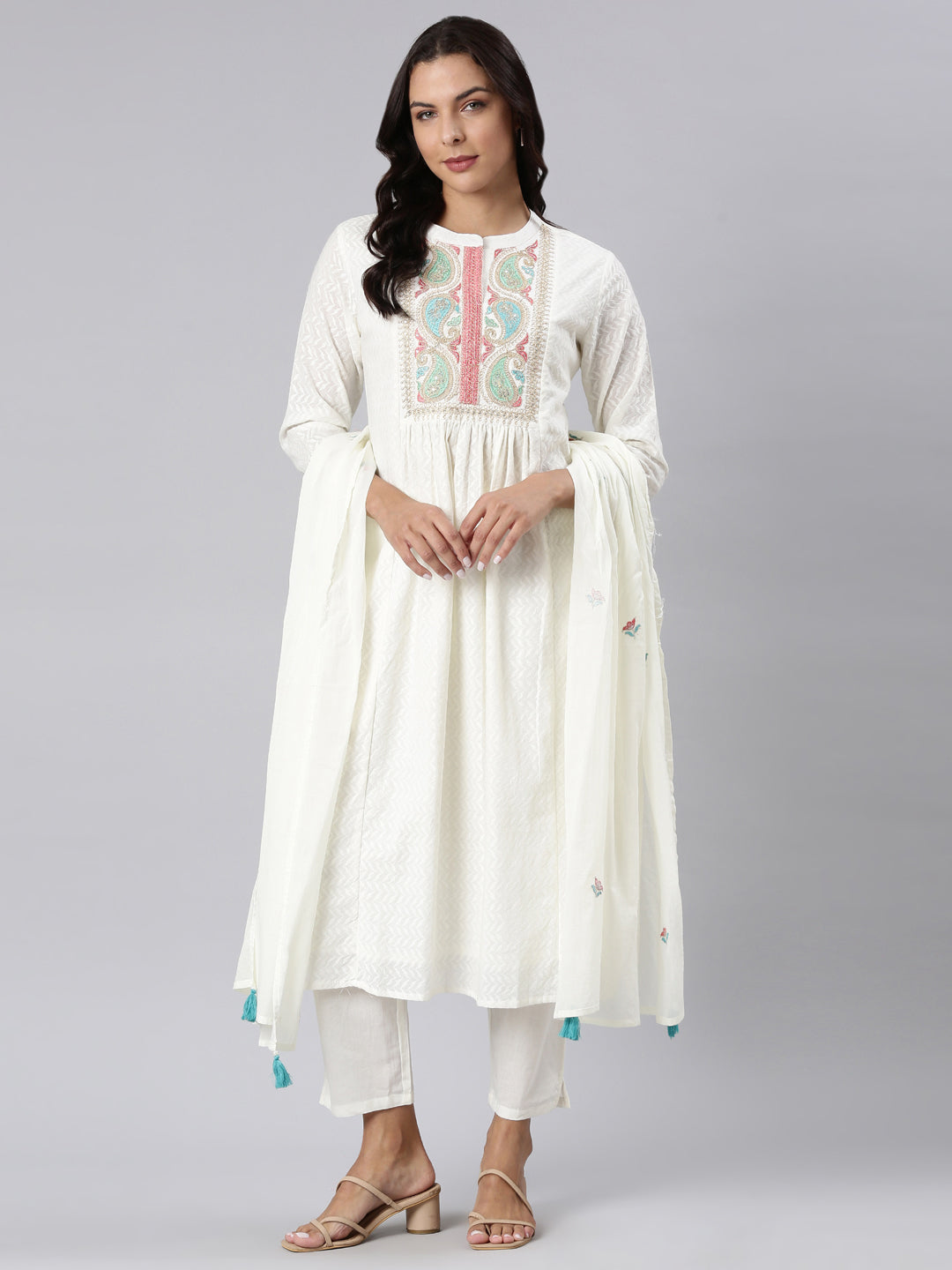 Neerus Off White Panelled Straight Yoke Design Kurta And Trousers With Dupatta