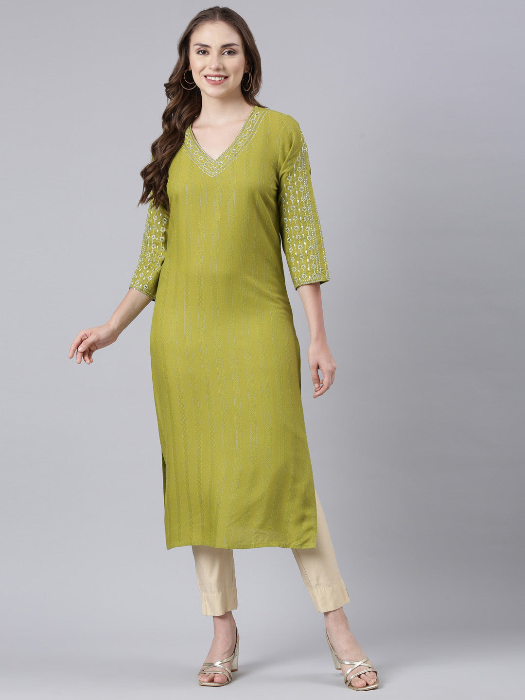 Neerus Green Panelled Straight Floral Kurtas