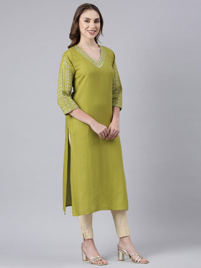 Neerus Green Panelled Straight Floral Kurtas