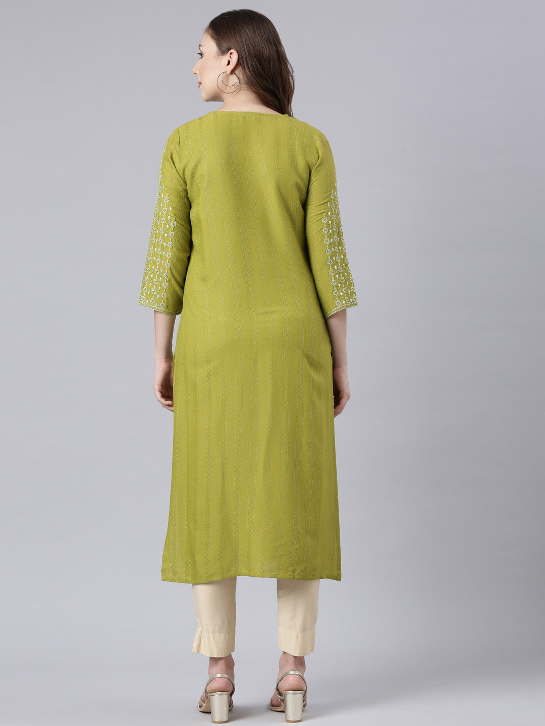 Neerus Green Panelled Straight Floral Kurtas