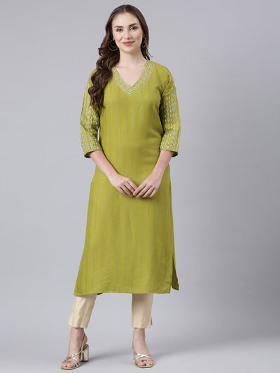 Neerus Green Panelled Straight Floral Kurtas