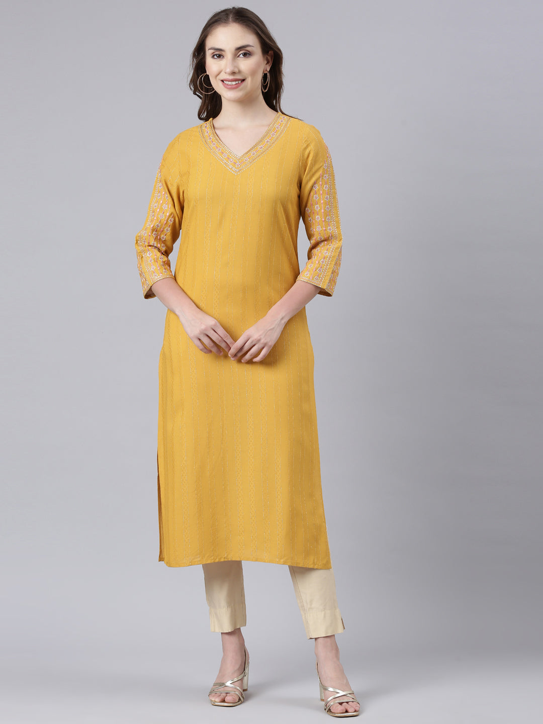 Neerus Mustard Panelled Straight Floral Kurtas