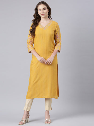 Neerus Mustard Panelled Straight Floral Kurtas