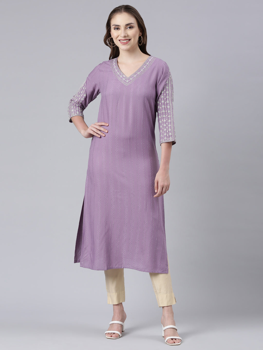 Neerus Purple Panelled Straight Floral Kurtas