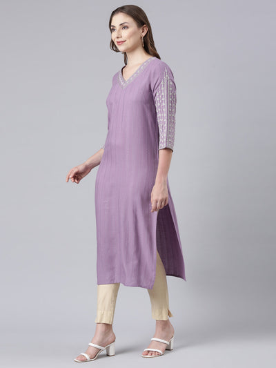 Neerus Purple Panelled Straight Floral Kurtas