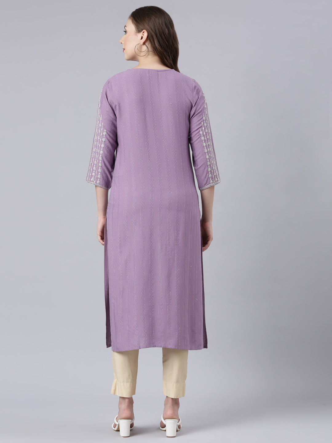 Neerus Purple Panelled Straight Floral Kurtas