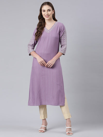 Neerus Purple Panelled Straight Floral Kurtas