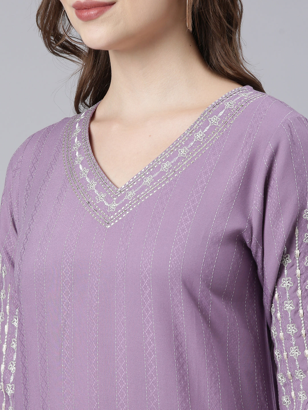 Neerus Purple Panelled Straight Floral Kurtas