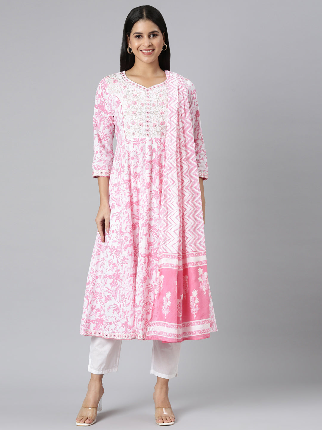 Neerus Pink Panelled Straight Printed Kurta and Trousers With Dupatta